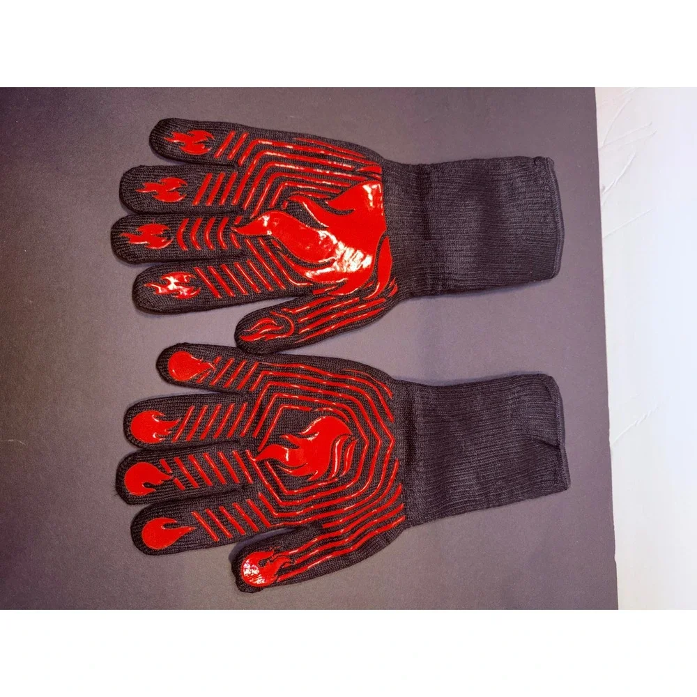Heat Resistant BBQ Oven Gloves Black Red Flame Silicone Non-Slip Grip 13